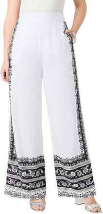 Roaman's Plus Size Printed Wide Leg Pant in White Vine Border at Nordstrom, Size 24