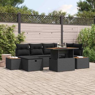 vidaXL Conjunto De Sof&aacute; De Jard&iacute;n Con Coj&iacute;n 7 Pcs Negro Polirat&aacute;n