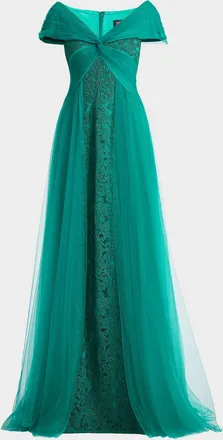 Tadashi Shoji Parello Embroidered Off-Shoulder Tulle Gown