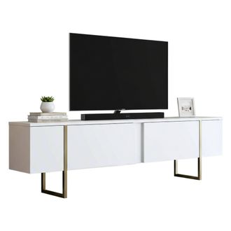 Dmora Dmora - Mueble De Televisi&oacute;n Centaurus, Aparador De Sal&oacute;n, Mueble Bajo Para Tv, Base De Pared Equipada, 180x30h50 Cm, Blanco Y Oro, Con Embalaje Refor