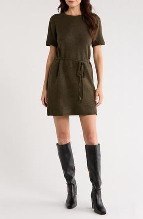 Halogen Short Sleeve Tie Waist Sweater Dress in Deep Olive at Nordstrom Rack, Size Xx-Large