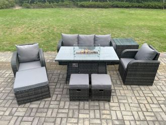 Fimous Wicker Rattan Garden Furniture Sofa Set Gas Fire Pit Dining Table Indoor Outdoor with Side Table Chair 3 Footstools in Dark Grey