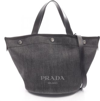 Prada Black Denim Leather Handbag Tote Bag (Pre-Owned)