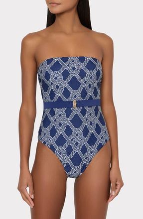 Milly Rope Print Belted One-Piece Swimsuit in Navy/White at Nordstrom, Size X-Small