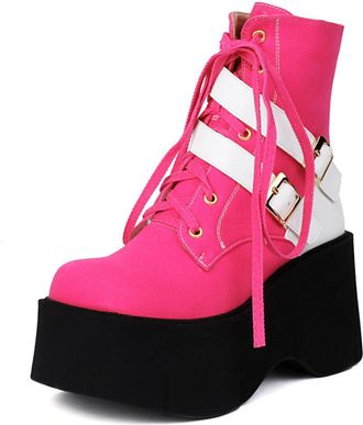 Generic Womens Ankle Boots With Knitted Fabric Contrast Strap Lace-Up Chunky Platform Heel Bold Color Stylish Streetwear Casual Party Shoes,Pink,6.5 UK