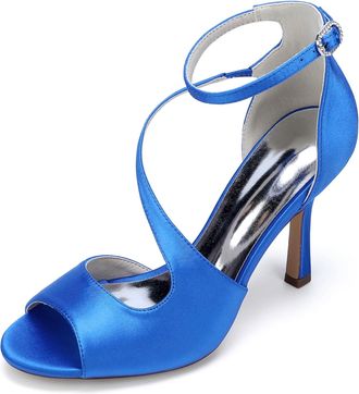 Generic Wedding Bridal Shoes Women Peep Toe Ankle Straps Stiletto Sandals Buckle Satin Evening Party Prom High Heel 9.5Cm,Royal Blue,10 UK