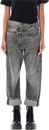 R13 Zwarte Leyton Jeans met Unieke Tailleband - Dames - Cropped Jeans - Zwart - W25 - Katoen - Jeans