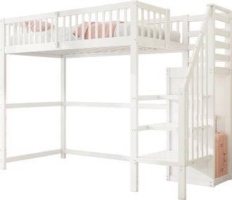 STILVORA Cama Alta 90 X 200 Cm Con Escalera, Armario Y Almacenamiento, Sin Colch&oacute;n, De Madera, Blanco