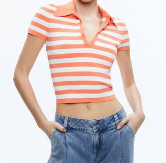 Alice & Olivia Martha Striped Polo In Coral/soft White