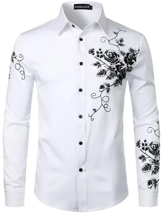 PARKLEES Mens Hipster Rose Floral Print Design Slim Fit Long Sleeve Button Up Party Dress Shirt White Black XXL