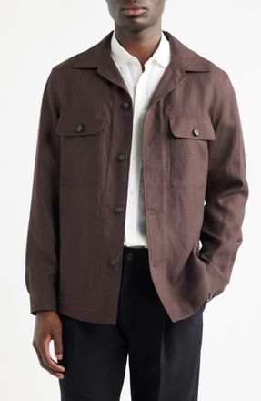 BOSS C-Carper Camp Collar Linen Button-Up Shirt in Dark Brown at Nordstrom, Size 48Regular