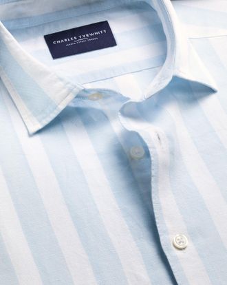 CHARLES TYRWHITT Short Sleeve Cotton Linen Stripe Shirt - Light Blue Size Large by Charles Tyrwhitt