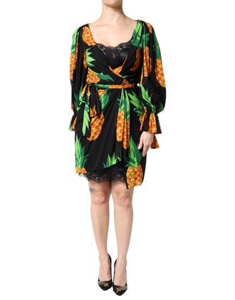 Dolce & Gabbana Black Silk Pineapple Draped Print Wrap Womens Dress