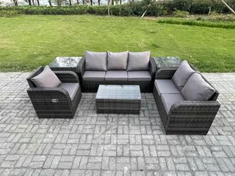 Fimous Patio Garden Furniture Sets Wicker Outdoor Rattan Furniture Sofa Sets with Rectangular Coffee Table Reclining Chair in Dark Grey