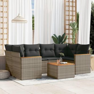vidaXL Vidaxl - Set De Sof&aacute;s De Jard&iacute;n 7 Piezas Con Cojines Rat&aacute;n Pe Gris