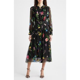 Elie Tahari The Janice Floral Print Long Sleeve Dress in Noir Denim Garden at Nordstrom, Size 12