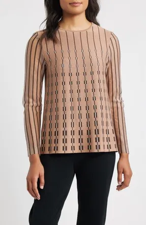 Ming Wang Vertical Stripe Sheer Sleeve Knit Top in Warm Taupe/Dark Umber/Ivory at Nordstrom, Size Xx-Small