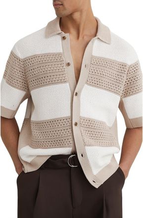 Reiss Marek Open Knit Short Sleeve Button-Up Shirt in White/Stone at Nordstrom, Size Xx-Large