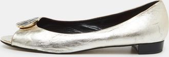 Carolina Herrera Gold Leather Logo Peep-Toe Ballet Flats