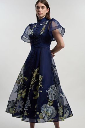 Karen Millen Womens Petite Botanical Embroidery Organdie Angel Sleeve Midi Dress - Navy - Size 10 UK