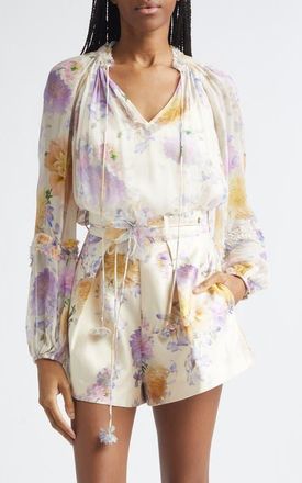 Zimmermann Luna Ruffle Billow Chiffon Top in Cream Dahlia at Nordstrom, Size 2