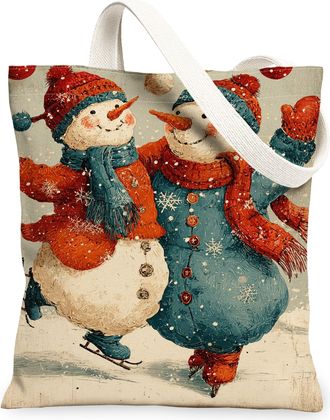 Generic Fanciful Snow Man Canvas Tote Bags, Vintage Holiday Design Washable Reusable Shopping Bags for Christmas Travel Beach Picnic 13x15 Inch