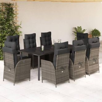 vidaXL Set Comedor Jard&iacute;n 9 Pzas Y Cojines Rat&aacute;n Sint&eacute;tico Gris Vidaxl