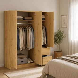 Dmora Guardarropa 3 Puertas Leseto, Armario Para Dormitorio Con Perchero, 2 Cajones, 2 Estantes, 147x57 Cm Roble Marr&oacute;n