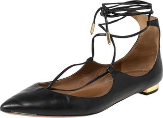 Aquazzura Black Leather Christy Ankle-Wrap Ballet Flats