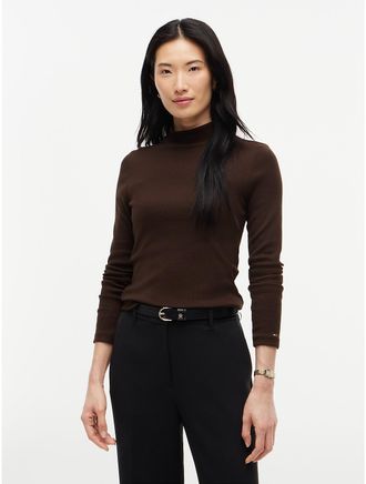 Tommy Hilfiger Womens Slim Fit Mockneck T-Shirt - Dark Coffee - XXL