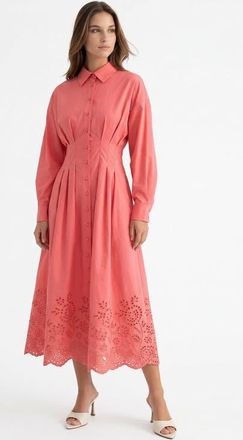 Exquise Faun Shirt Collar Long Sleeve Embroidered Midi Dress in Pink at Nordstrom, Size Large