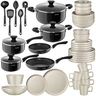 TecTake Juego de cocina, 45 piezas, 6 personas, apto lavavajillas, negro/gris