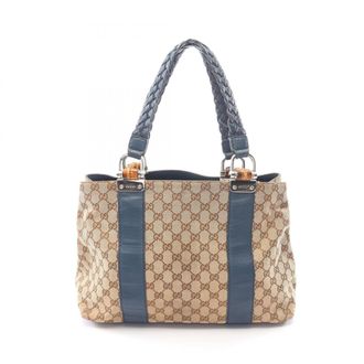 Gucci Beige Blue Canvas Leather Handbag Tote Bag (Pre-Owned)