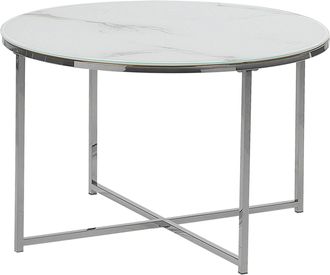 Beliani Mesa De Centro Efecto M&aacute;rmol De Vidrio Templado Blanco Plateado 70 Cm Quincy