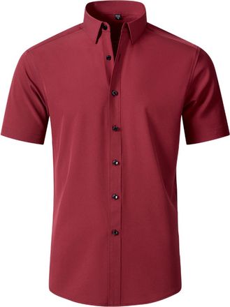Generic Mens Super Stretchy Quick-Drying Breathable Dress Shirt, Button Down Short Sleeve Casual Summer Dress Shirts (Wine red,XXL)