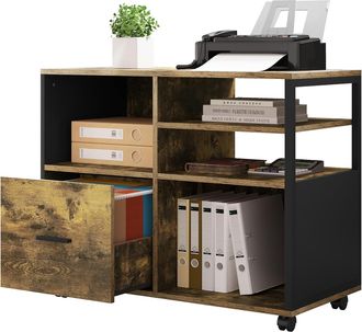Woltu Archivador De Documentos De Oficina Archivador Archivador Con Cajones Y Compartimentos Abiertos Gabinete Con Ruedas Marrone R&uacute;stico Y Negro - Woltu