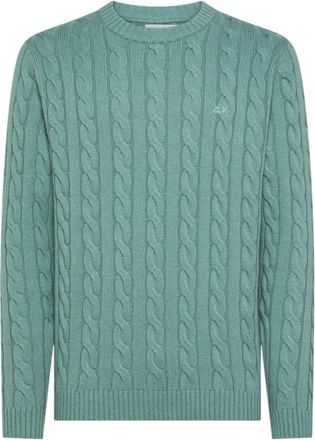 Sun 68 K45138/69 Kabeltrui l/s met vlechtpatroon - Heren - Ronde hals truien - Groen - L - Truien & Vesten