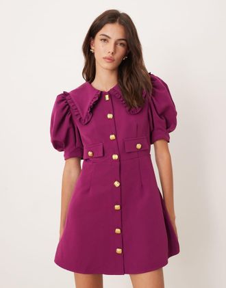 Sister Jane Sister Jane - Vestito camicia corto viola con maniche a sbuffo e bottoni sul davanti