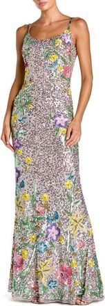 Mac Duggal Embellished Sleeveless Cowl Back Gown in Silver Multi at Nordstrom, Size 10