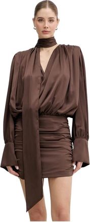 Rotate Chiffon Ls V-neck Jurk - Dames - Feestkleedjes - Bruin - M - Chiffon - Kleedjes
