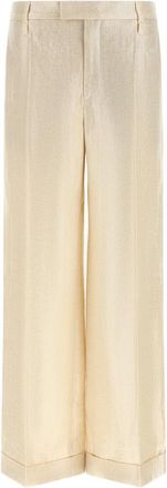 Brunello Cucinelli Linnen Palazzo Broek met Lurex-effect - Dames - Wijde Broeken - Geel - XL - Linnen - Broeken