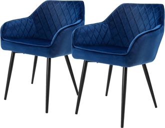 ML Design Set 2x Sillas De Comedor Azul Oscuro Estilo Moderno Asiento Tapizado Aspecto De Terciopelo Patas De Metal Negras Con Respaldo Y Apoyabrazos Sill&oacute;n Mod