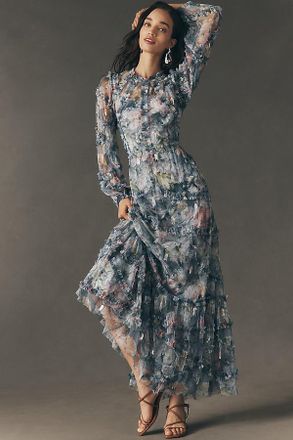 Mac Duggal Long-Sleeve Ruffle Maxi Dress