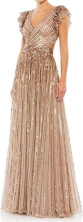 Mac Duggal Sequin Cutout Lace Up Back Gown In Copper