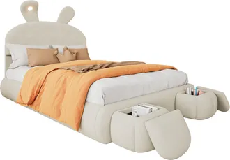 STILVORA Cama Infantil Con Arc&oacute;n 140 X 200 Cm De Terciopelo Con Cabecero De Conejo, Taburete De Almacenamiento Redondo, Led, Sin Colch&oacute;n, Beige