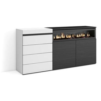 Skraut Home Cassettiera, Mobile Armadio con cassetti, 157x75x35 cm, Camera da letto, stanza, Camino elettrico, Stile moderno, Bianco e nero - Skraut Home
