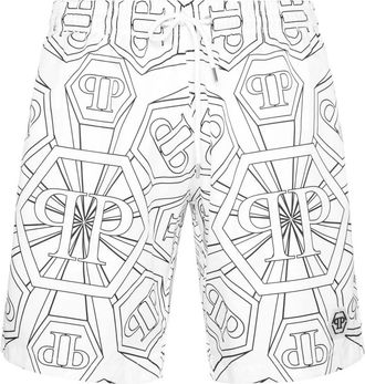 Philipp Plein Badmode, Heren, Wit, L, Polyester, Swim Trunks Hexagon Monogram
