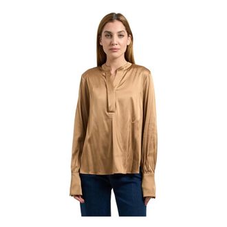Fracomina Overhemden, Dames, Bruin, XL, Satijn, Satijnen Koreaanse Kraag Blouse Kameel