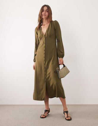 Nobody's Child Kennedy - Vestito a maniche lunghe midi verde con scollo a V, maniche a palloncino e bottoni sul davanti
