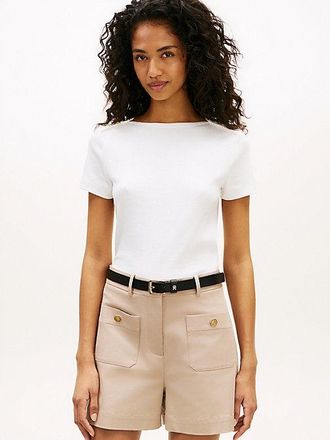 Tommy Hilfiger Gold-Tone Button Slim Boat Neck T-Shirt